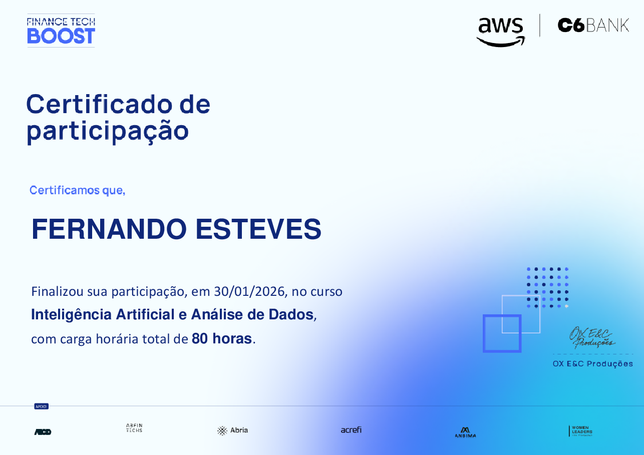 Certificado de Conclusão de FERNANDO ESTEVES, emitido por Finance TechBoost
