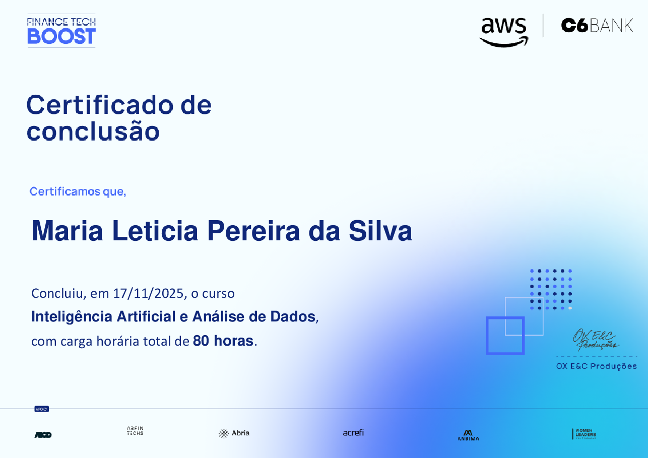 Certificado de Conclusão de Maria Leticia Pereira da Silva, emitido por Finance TechBoost