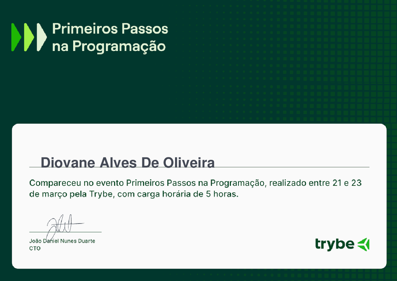 Certificado de Participação de Diovane Alves De Oliveira, emitido por Trybe