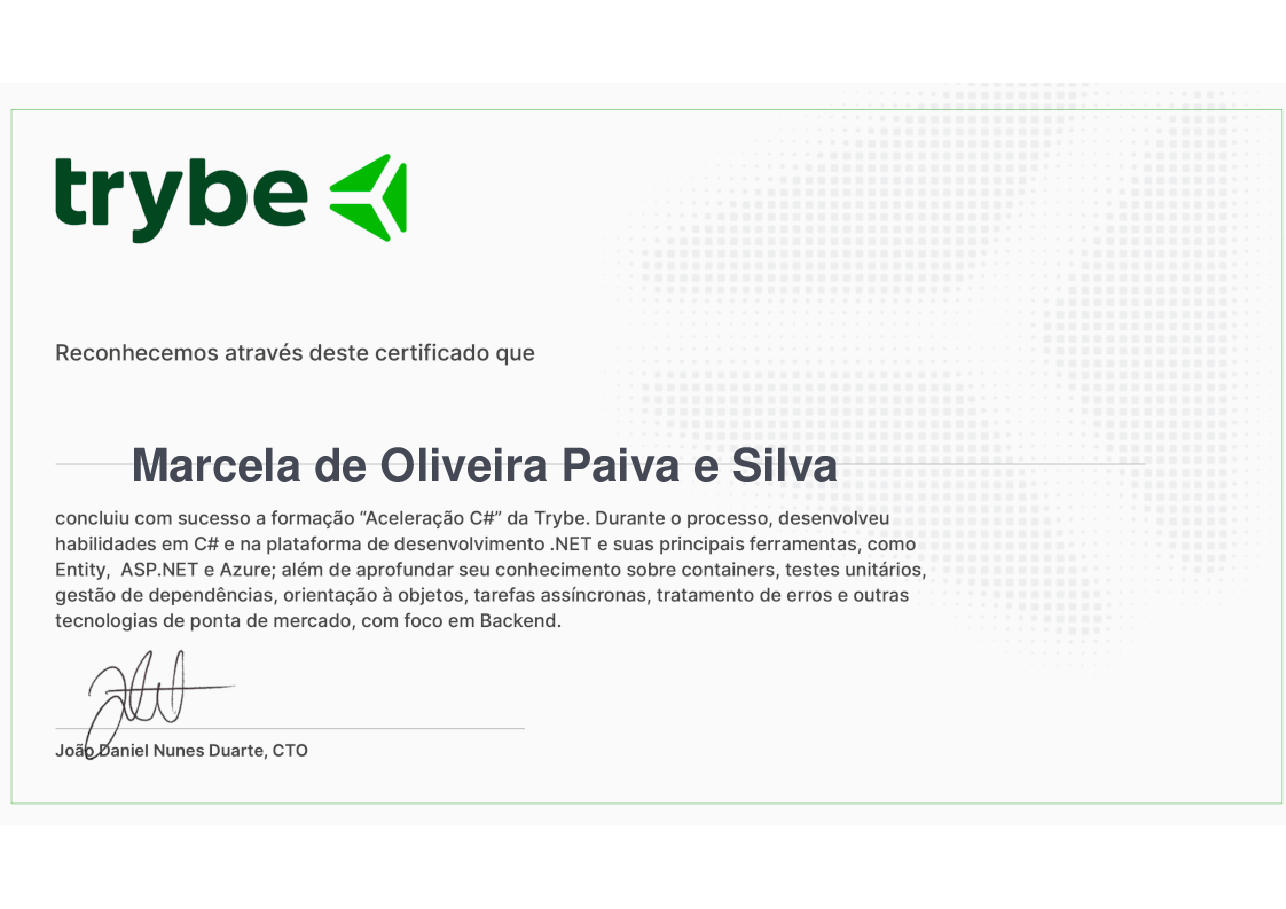 Certificado de Participação de Marcela de Oliveira Paiva e Silva, emitido por Trybe