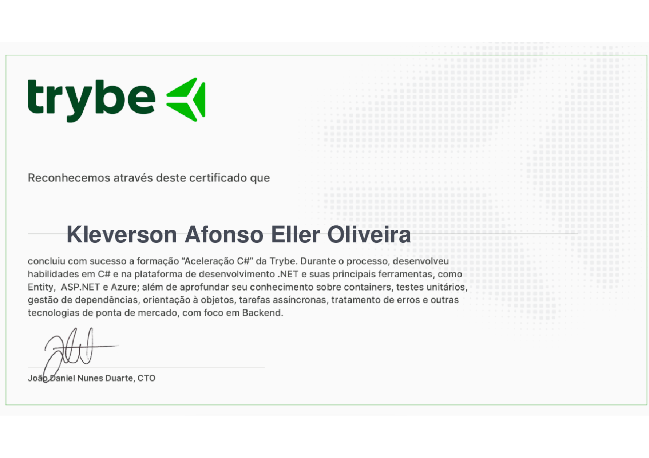 Certificado de Participação de Kleverson Afonso Eller Oliveira, emitido por Trybe