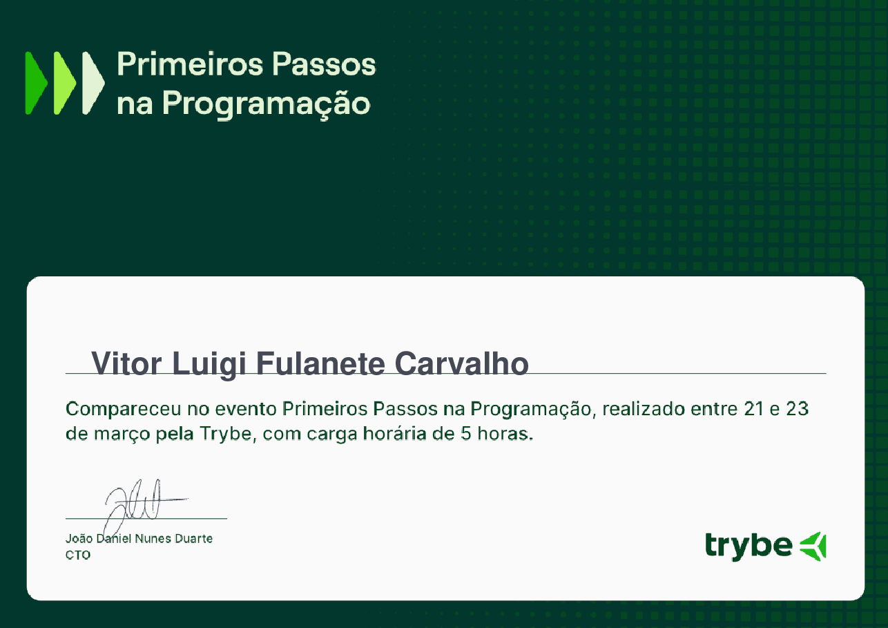 Certificado de Participação de Vitor Luigi Fulanete Carvalho, emitido por Trybe