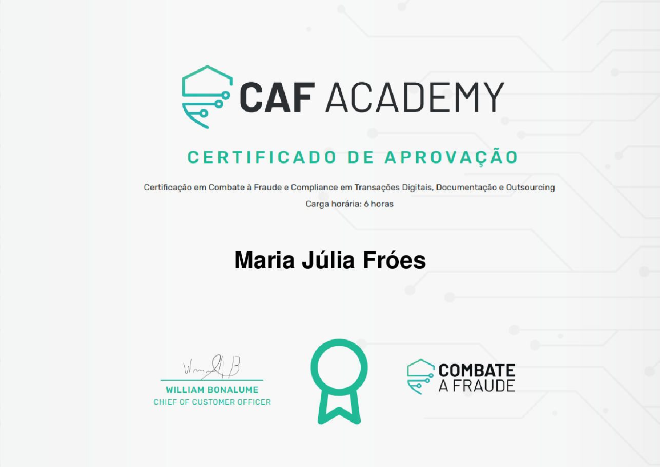 Certificado de Conclusão de Maria Júlia Fróes, emitido por Fintech School