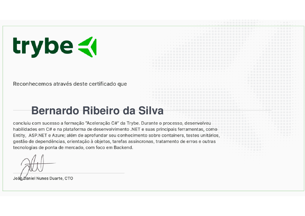 Certificado de Participação de Bernardo Ribeiro da Silva, emitido por Trybe
