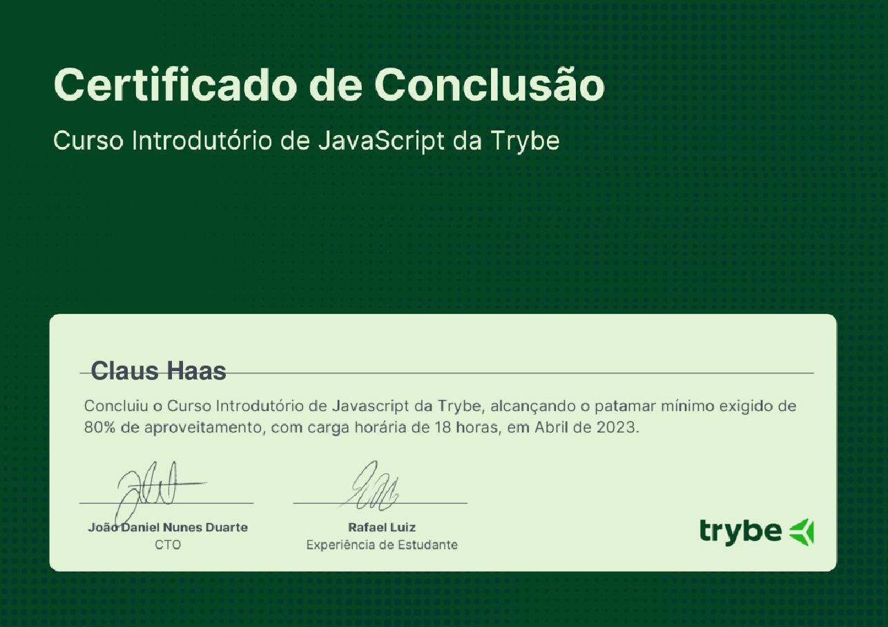 Certificado de Conclusão de Claus Haas, emitido por Trybe