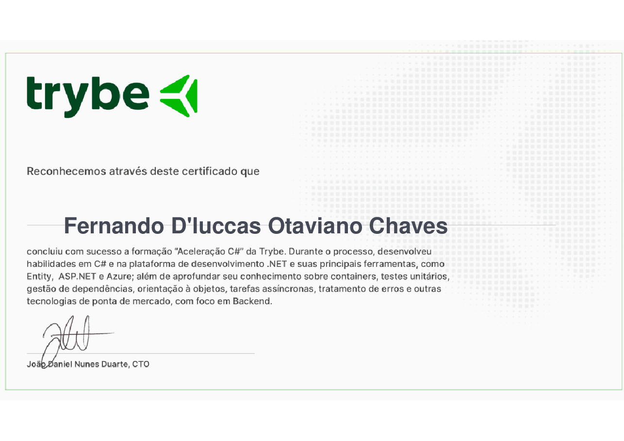 Certificado de Participação de Fernando D'luccas Otaviano Chaves, emitido por Trybe