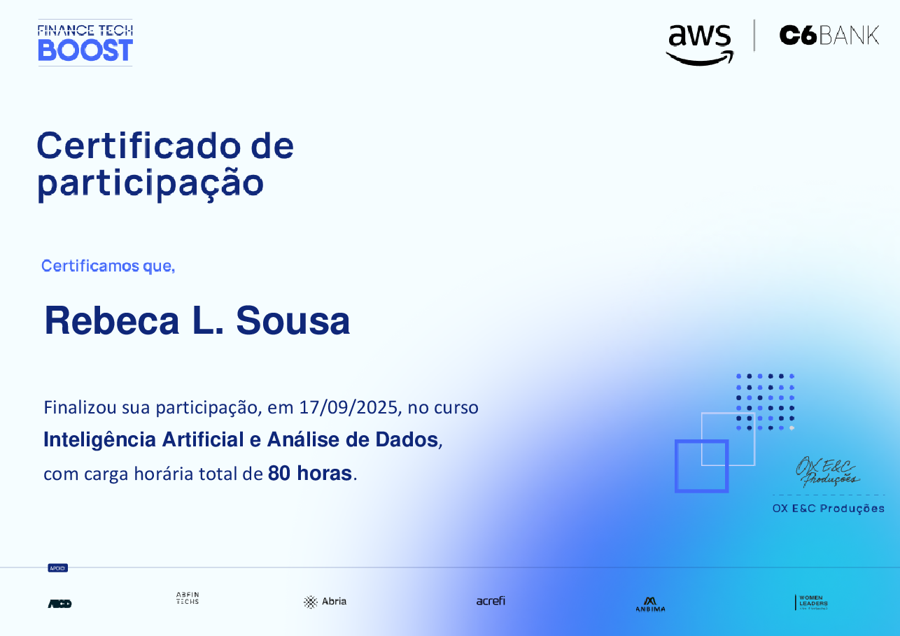 Certificado de Conclusão de Rebeca L. Sousa, emitido por Finance TechBoost