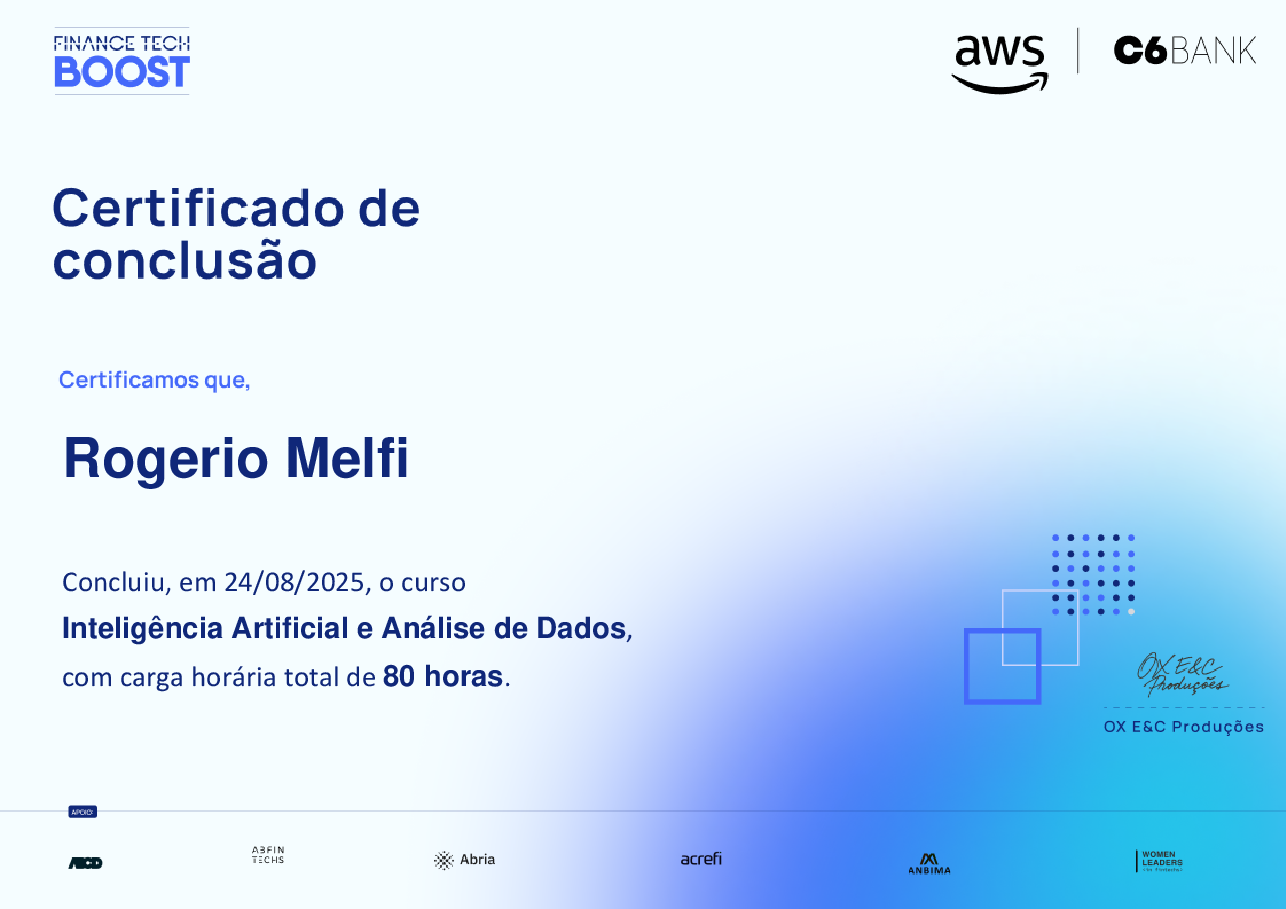 Certificado de Conclusão de Rogerio Melfi, emitido por Finance TechBoost