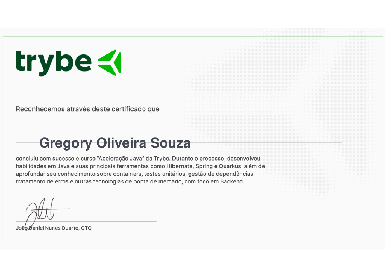 Certificado de Conclusão de Gregory Oliveira Souza, emitido por Trybe