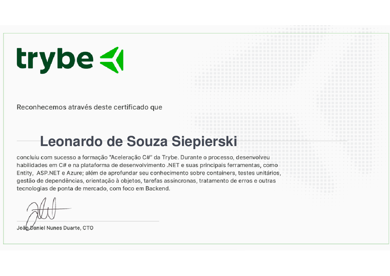 Certificado de Participação de Leonardo de Souza Siepierski, emitido por Trybe