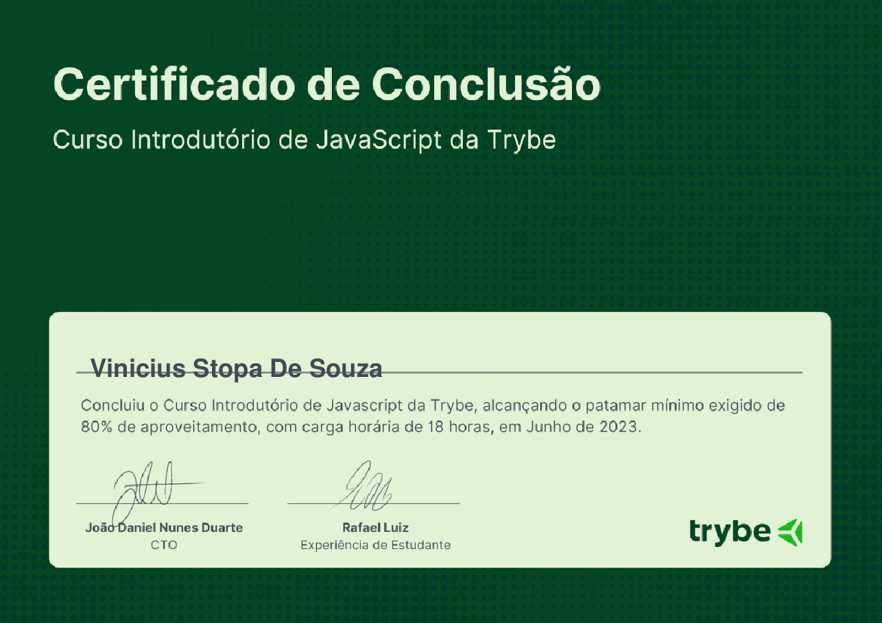 Certificado de Participação de Vinicius Stopa De Souza, emitido por Trybe