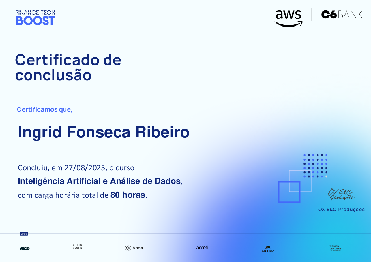 Certificado de Conclusão de Ingrid Fonseca Ribeiro, emitido por Finance TechBoost