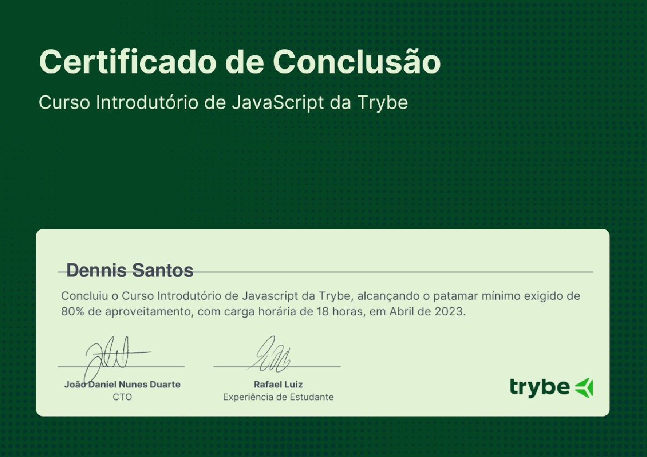 Certificado de Conclusão de Dennis Santos, emitido por Trybe