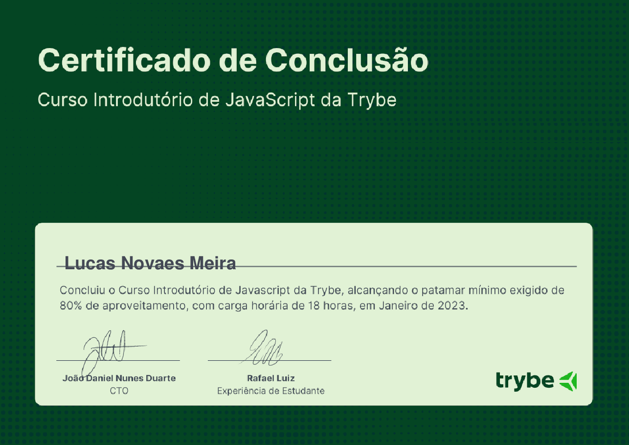 Certificado de Participação de Lucas Novaes Meira, emitido por Trybe