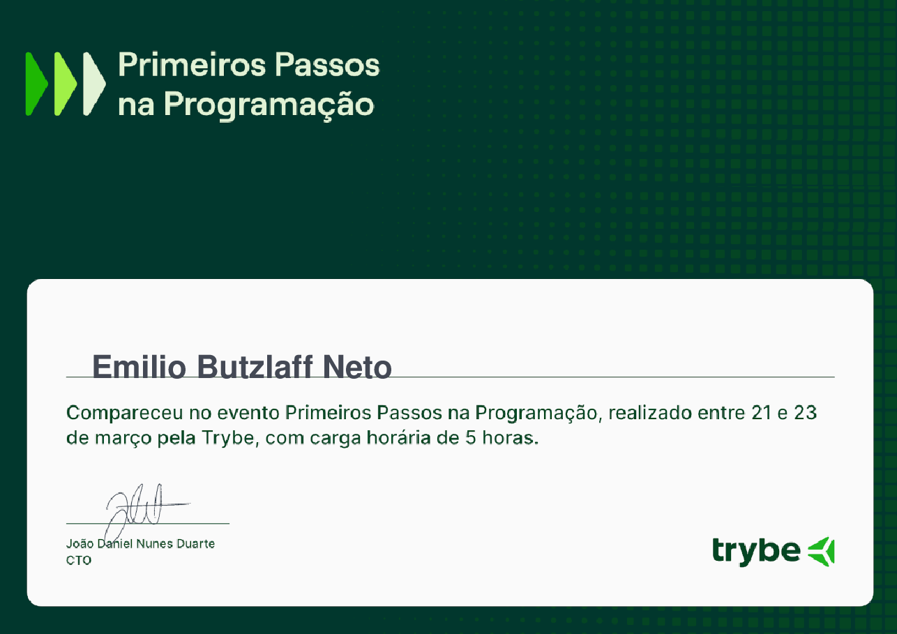 Certificado de Participação de Emilio Butzlaff Neto, emitido por Trybe