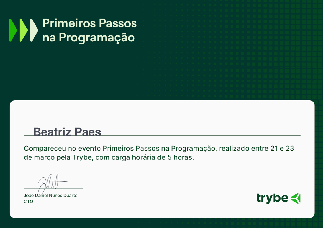 Certificado de Participação de Beatriz Paes, emitido por Trybe