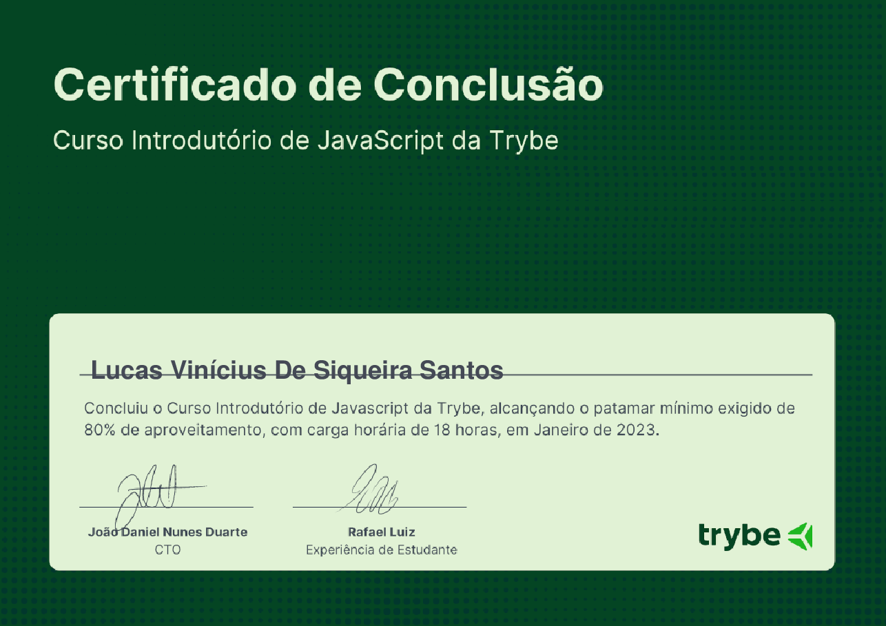 Certificado de Participação de Lucas Vinícius De Siqueira Santos, emitido por Trybe