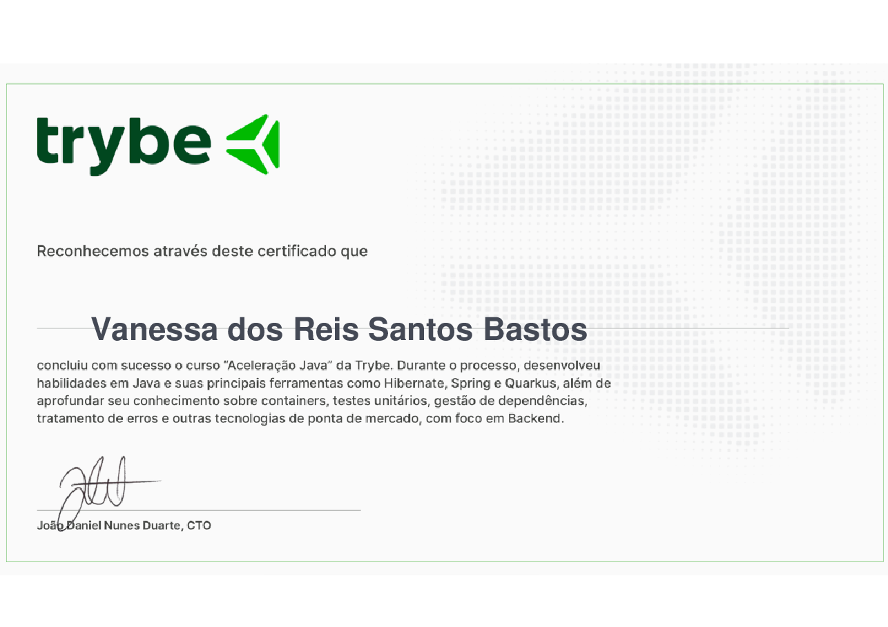 Certificado de Conclusão de Vanessa dos Reis Santos Bastos, emitido por Trybe