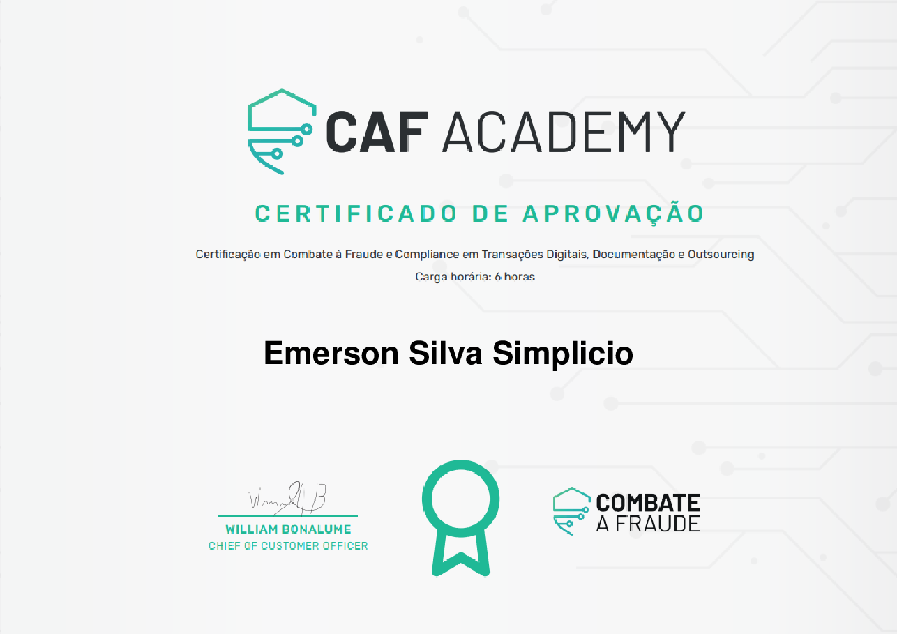Certificado de Conclusão de Emerson Silva Simplicio, emitido por Fintech School