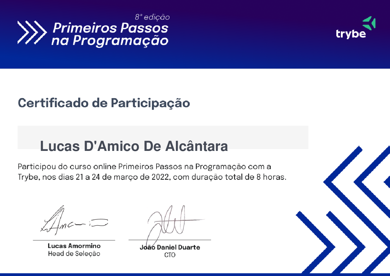 Certificado de Participação de Lucas D'Amico De Alcântara, emitido por Trybe