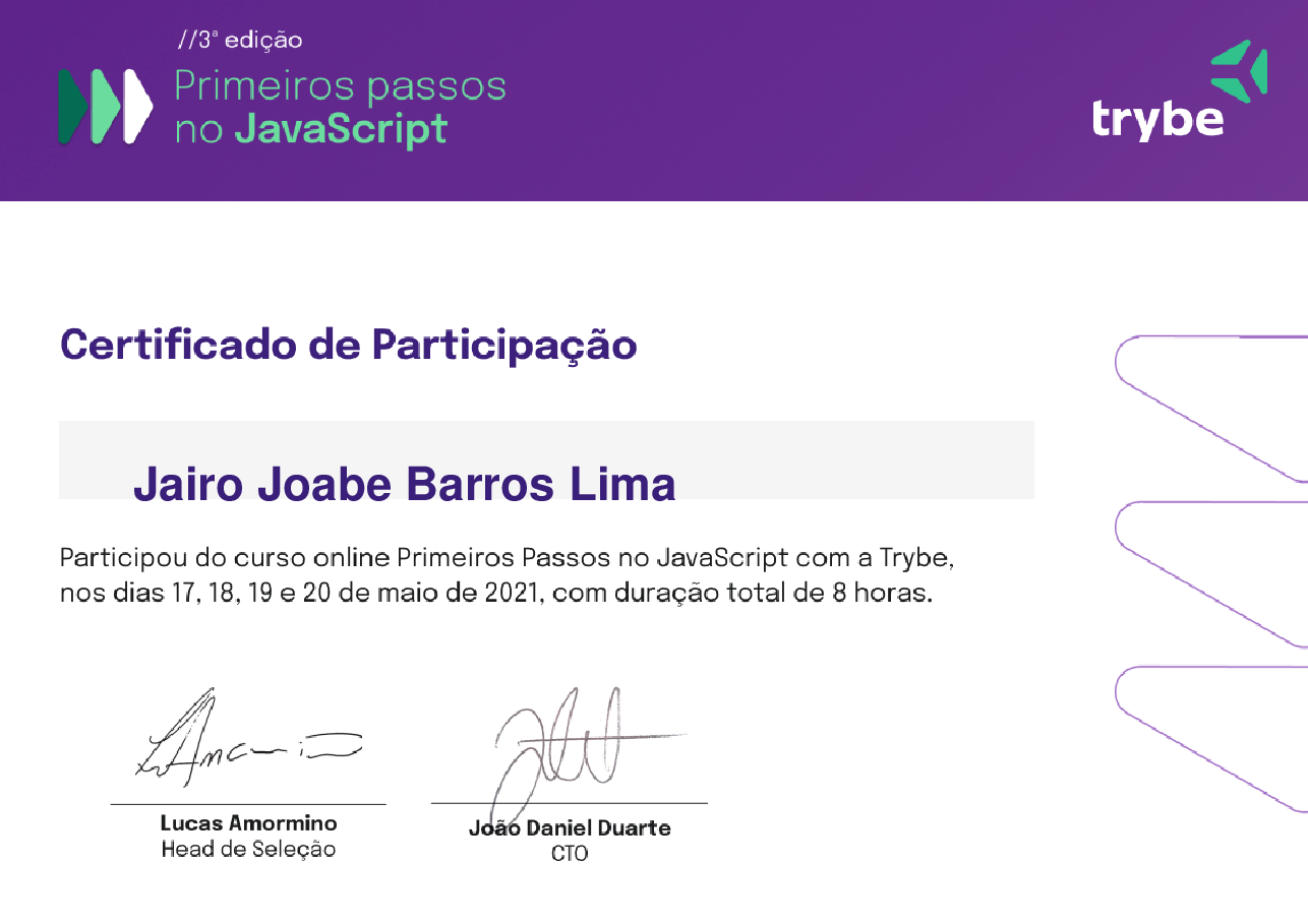 Certificado de Participação de Jairo Joabe Barros Lima, emitido por Trybe