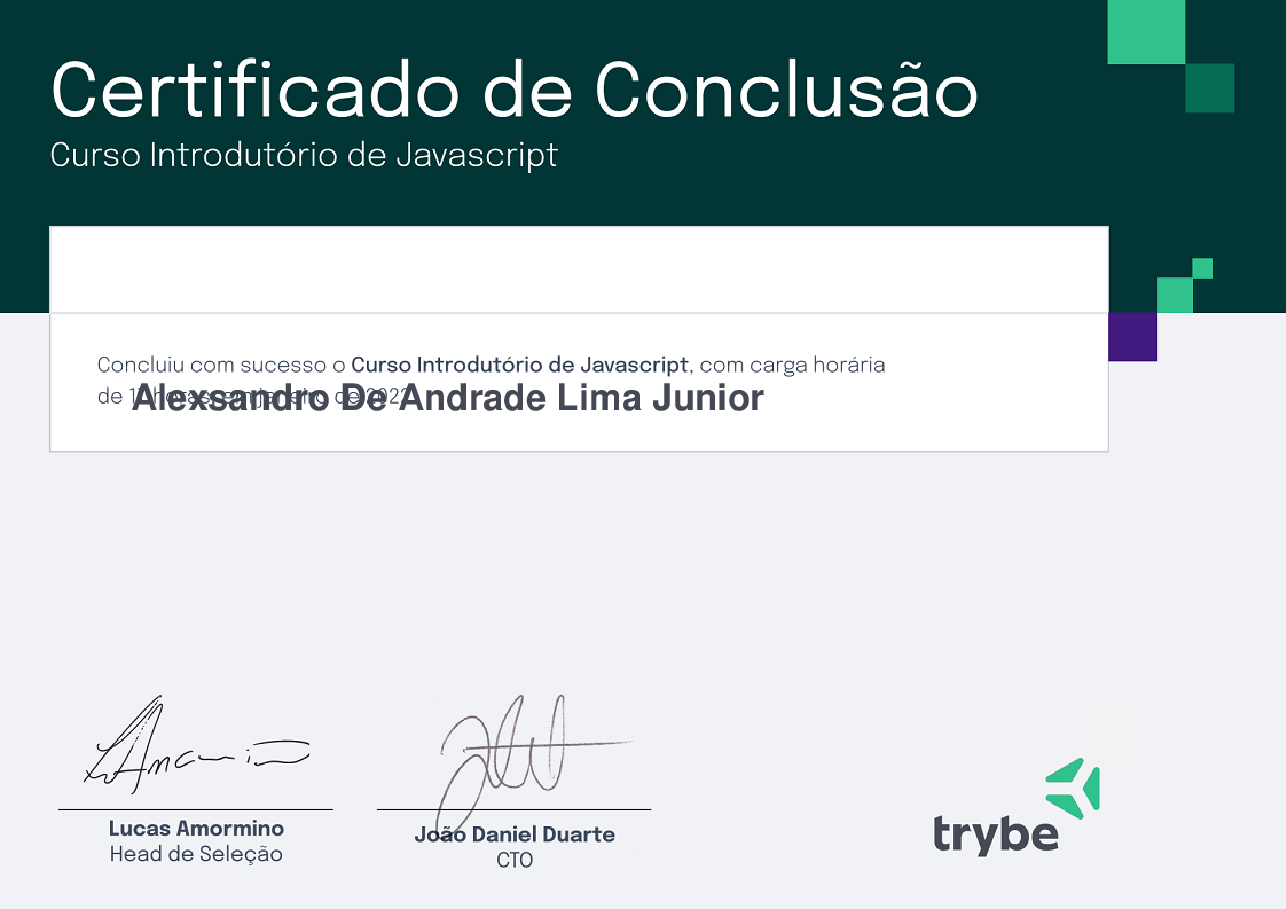 Certificado de Participação de Alexsandro De Andrade Lima Junior, emitido por Trybe