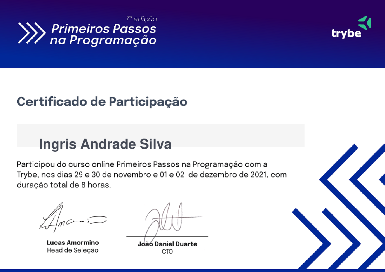 Certificado de Participação de Ingris Andrade Silva, emitido por Trybe