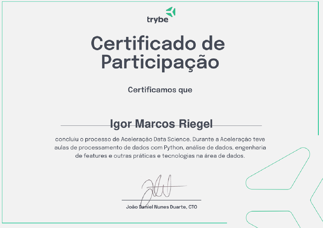 Certificado de Participação de Igor Marcos Riegel, emitido por Trybe