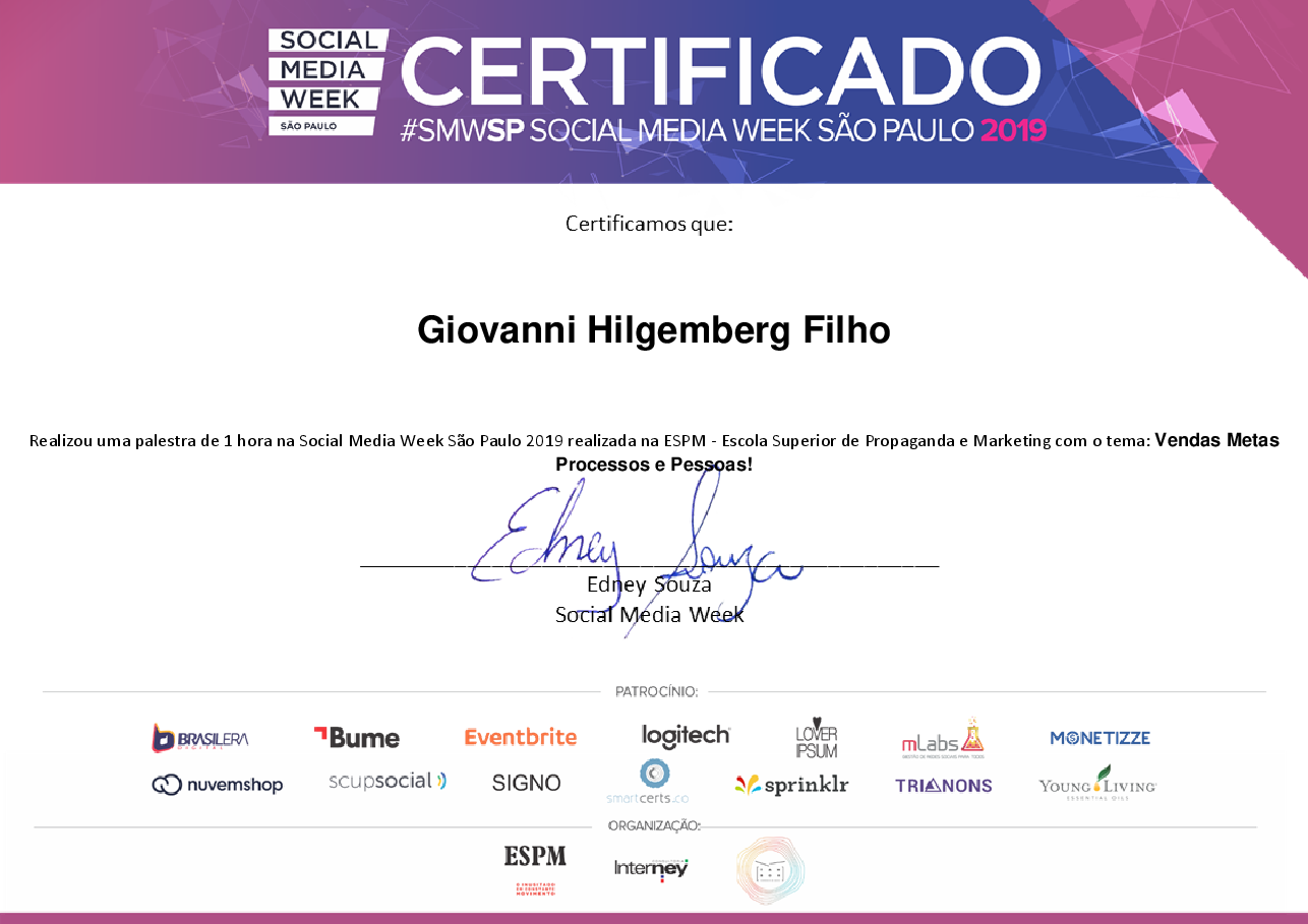 Certificado de Palestrante de Giovanni  Hilgemberg Filho, emitido por Social Media Week