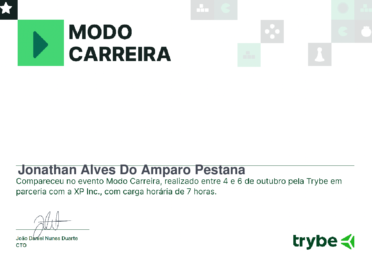 Certificado de Participação de Jonathan Alves Do Amparo Pestana, emitido por Trybe