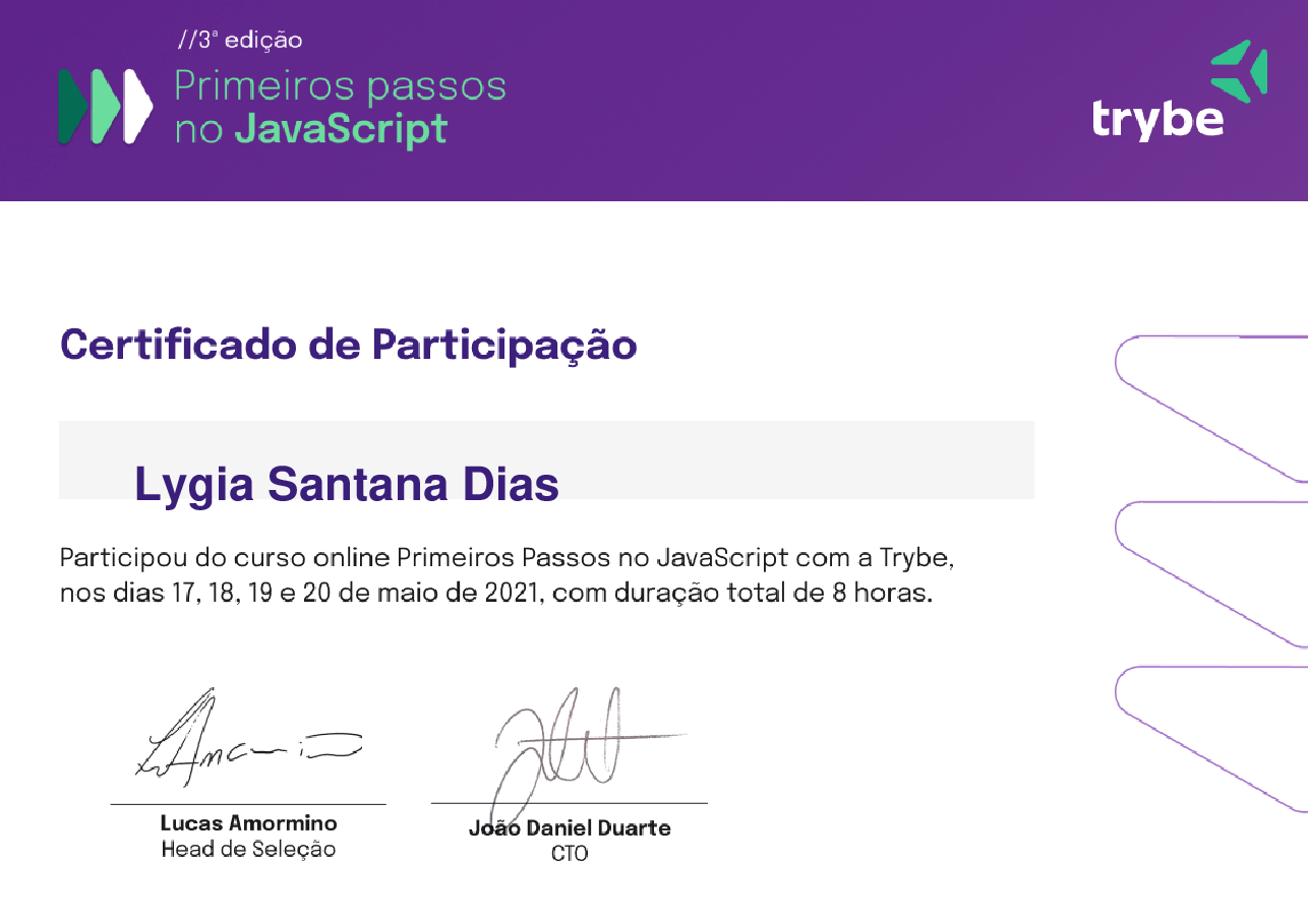 Certificado de Participação de Lygia Santana Dias, emitido por Trybe