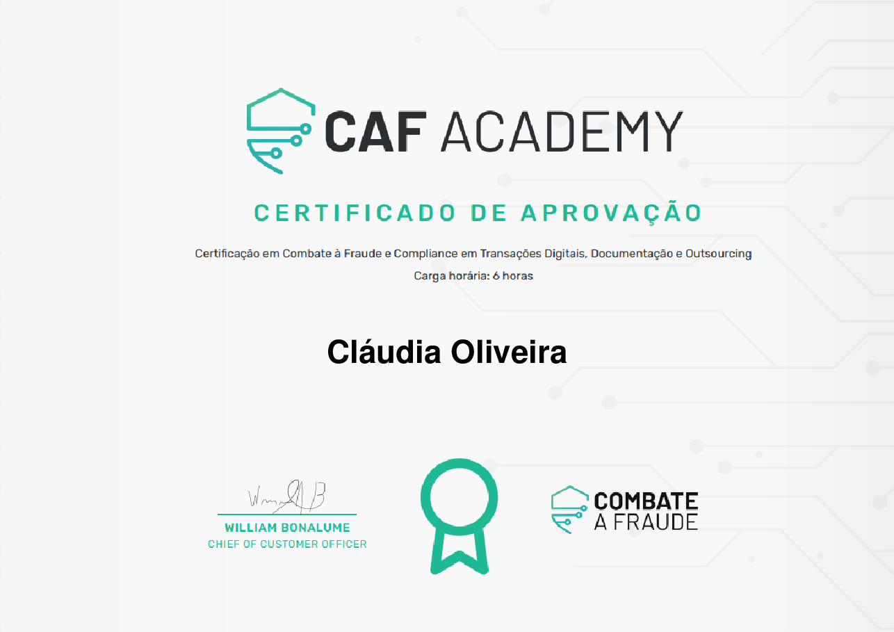 Certificado de Conclusão de Cláudia Oliveira, emitido por Fintech School