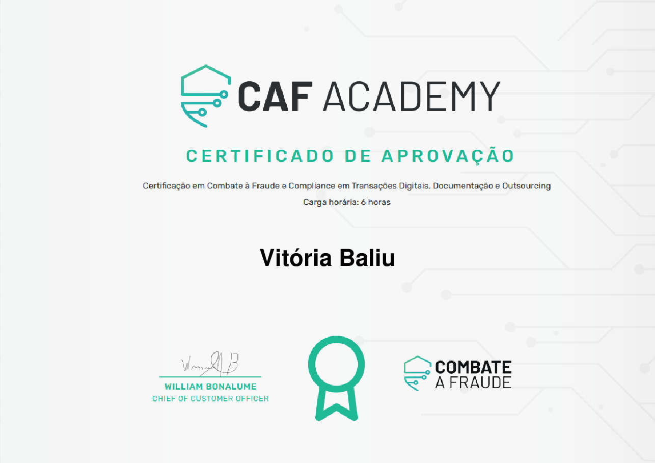 Certificado de Conclusão de Vitória  Baliu, emitido por Fintech School