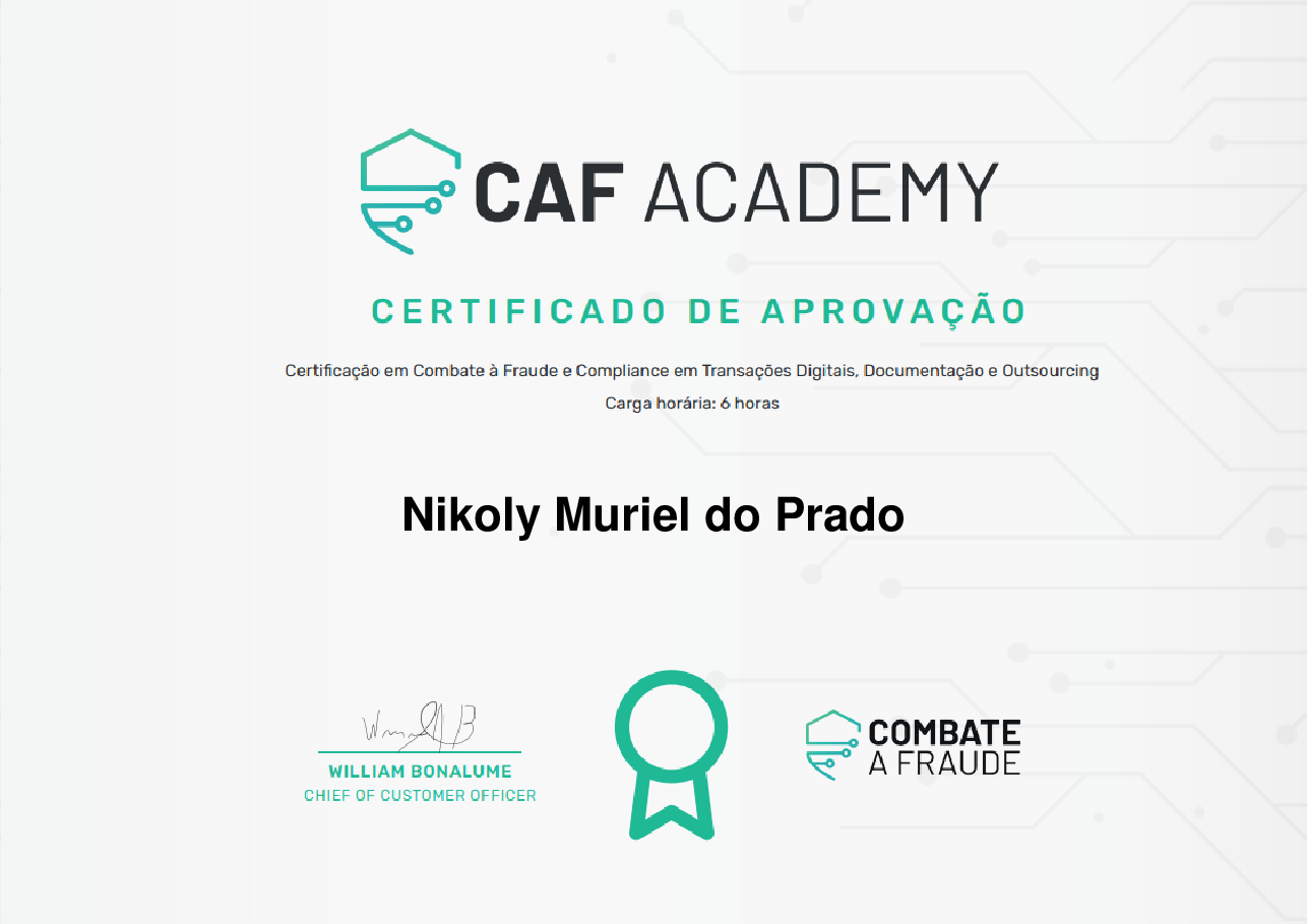 Certificado de Conclusão de Nikoly Muriel do Prado, emitido por Fintech School