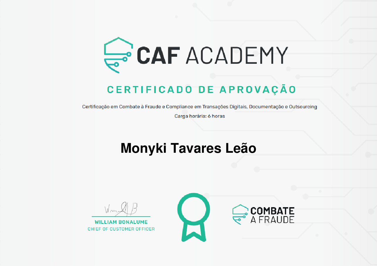 Certificado de Conclusão de Monyki Tavares Leão, emitido por Fintech School